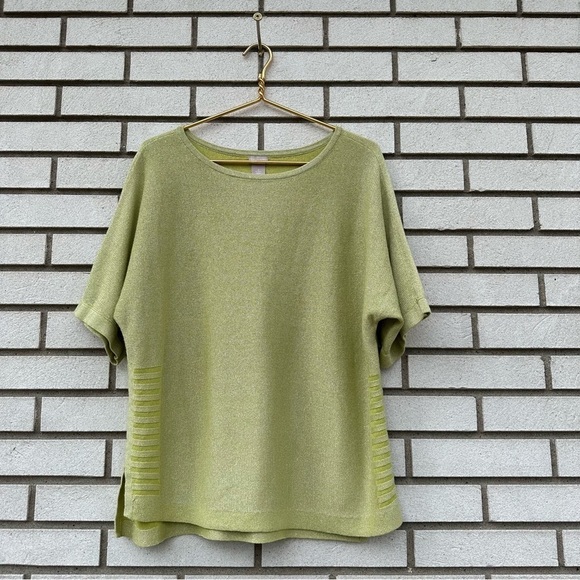 Chico’s Citron Green Shimmer Linen Blend Pullover Sweater Top L Metallic - Picture 3 of 11